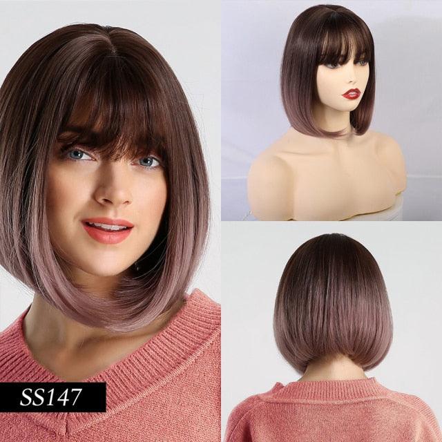 Short Straight Synthetic Brown Mix Gray Hair Cute Bob Wigs with Bangs for White/Black Women Cosplay Party or Daily Wear Wigs For Black Women Cosplay Wigs For Women