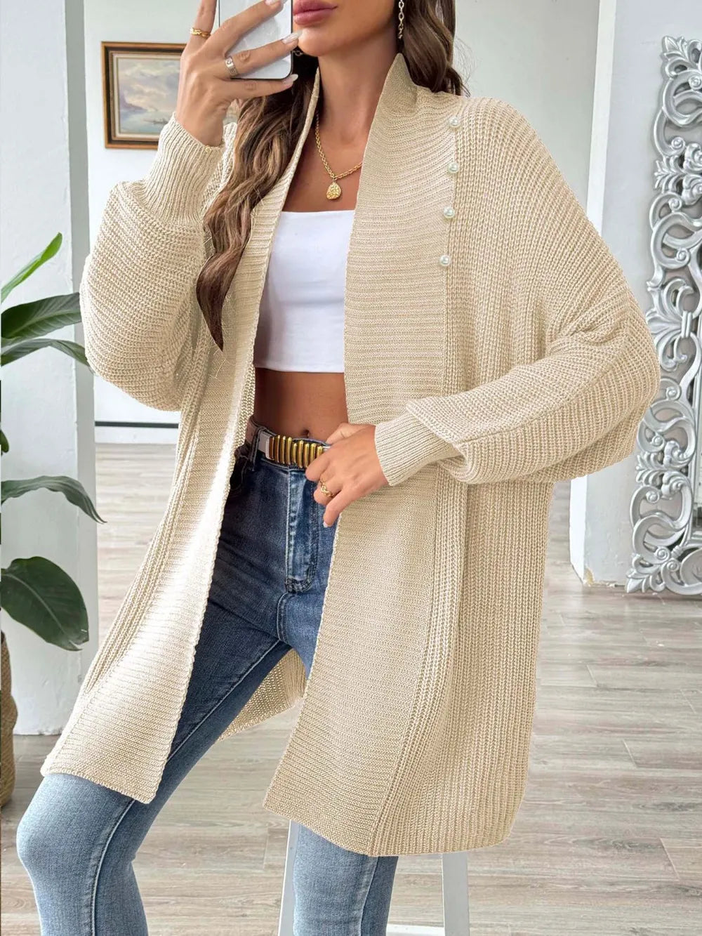 Simple and fashionable loose sweater with pearl nail beads cardigan