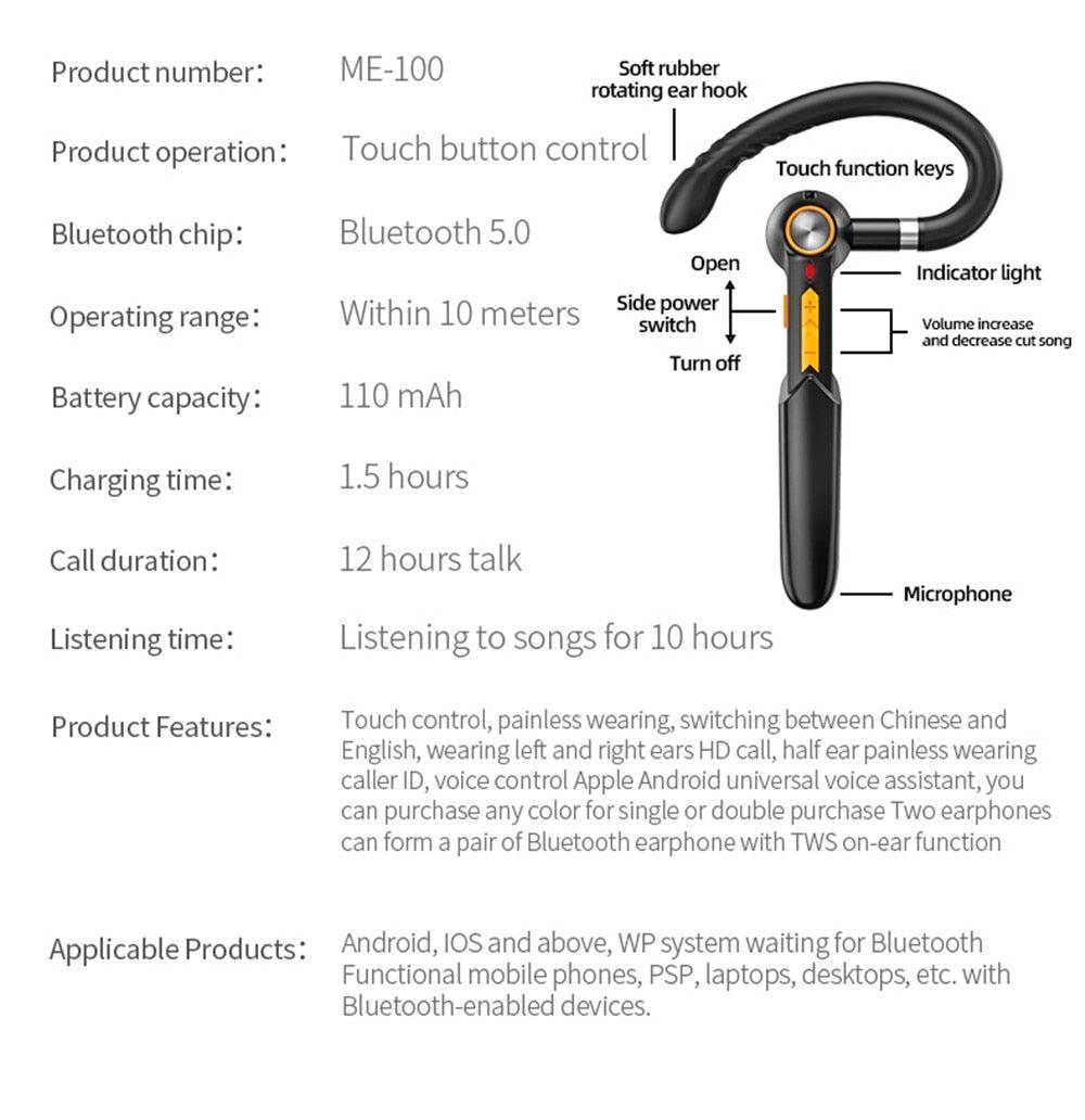 Single Wireless Bluetooth 5.0 Headset Handsfree HIFI Fingerprint Touch Hanging Ear Earphone for iPhone Waterproof Earpiece Ear Wireless Bluetooth Sport Headphones