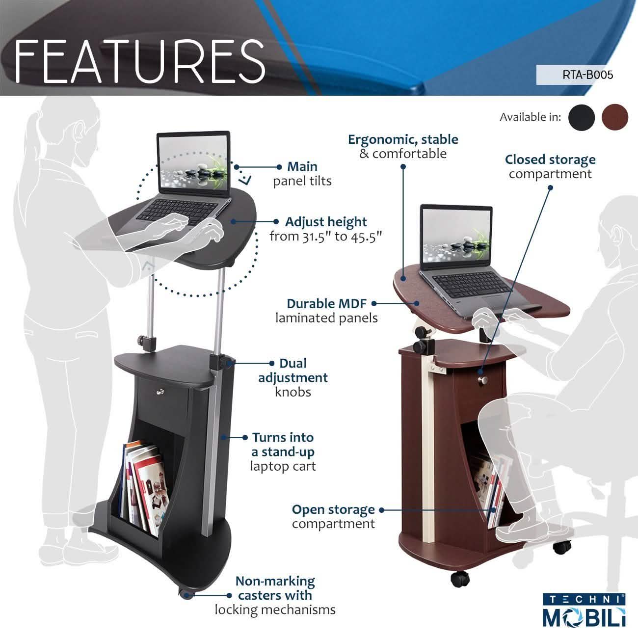 Sit-to-Stand Rolling Adjustable Laptop Cart with Storage