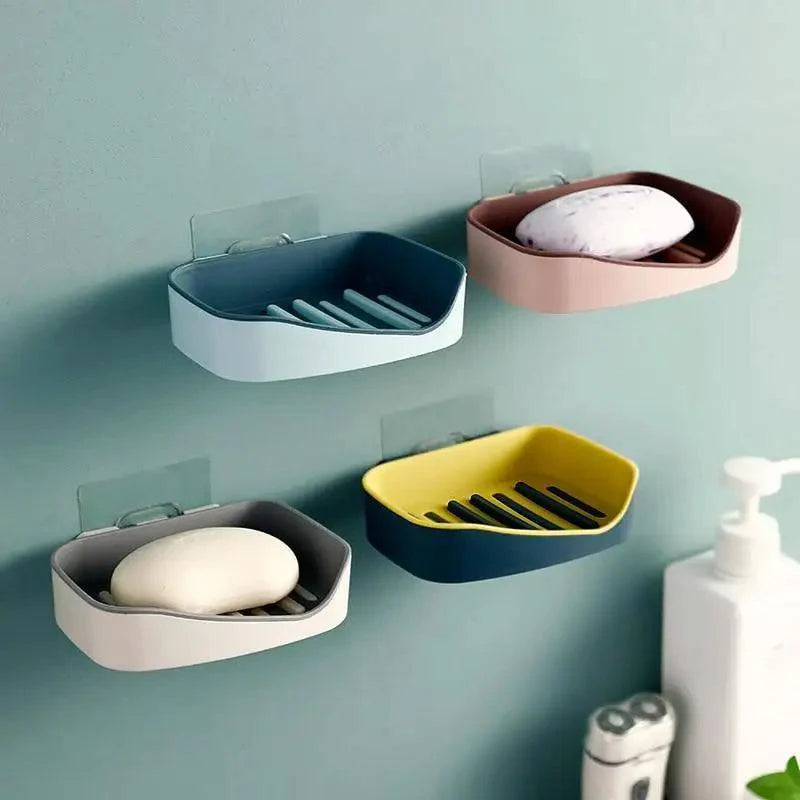 Soap Rack No Drilling Wall Mounted Double Layer Soap Holder Soap Sponge Dish Bathroom Accessories Soap Dishes Self Adhesive Soap Dish Bar Soap Holder Soap Dishes Tray Saver Case Box for Shower Bathroom Kitchen Dish Drainer Drying Rack