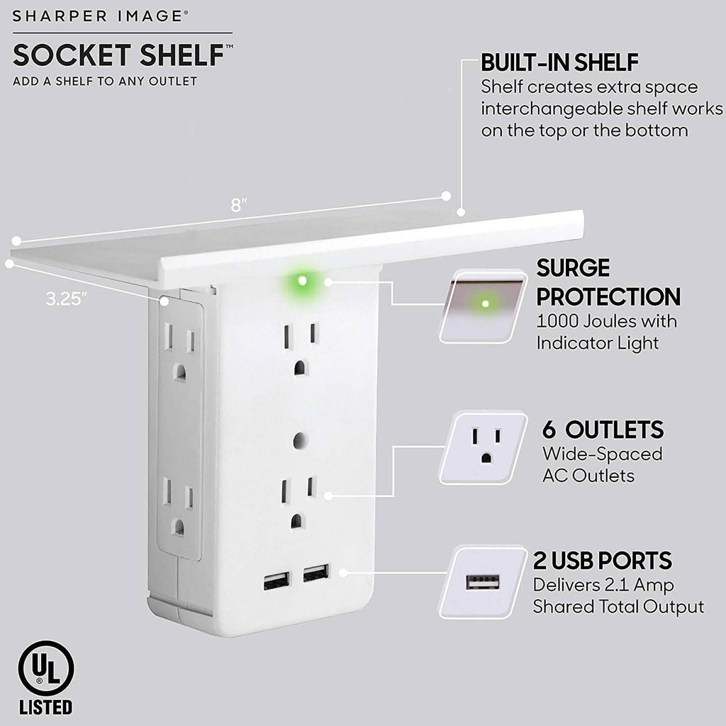 Socket Shelf 8 Port Surge Protector Wall Outlet, 6 Electrical Outlet Extenders, 2 USB Charging Ports
