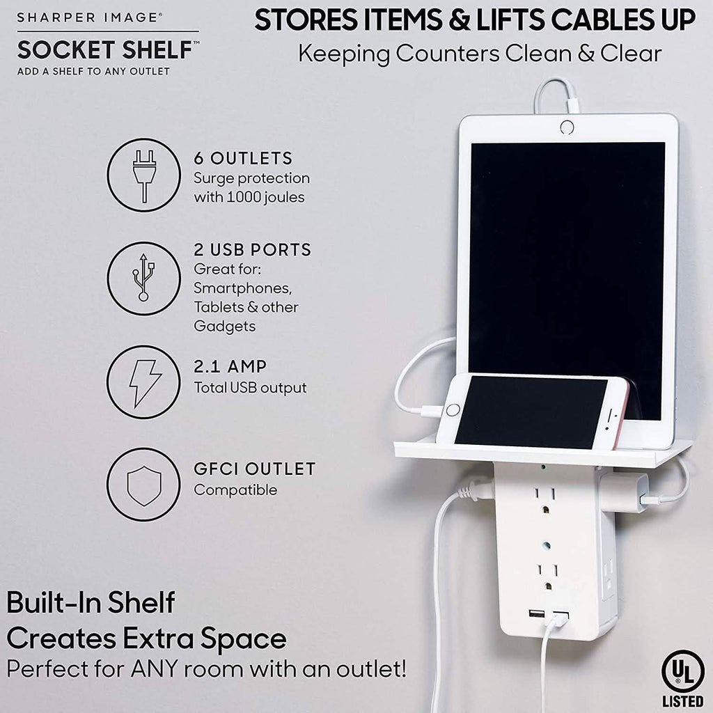 Socket Shelf 8 Port Surge Protector Wall Outlet, 6 Electrical Outlet Extenders, 2 USB Charging Ports