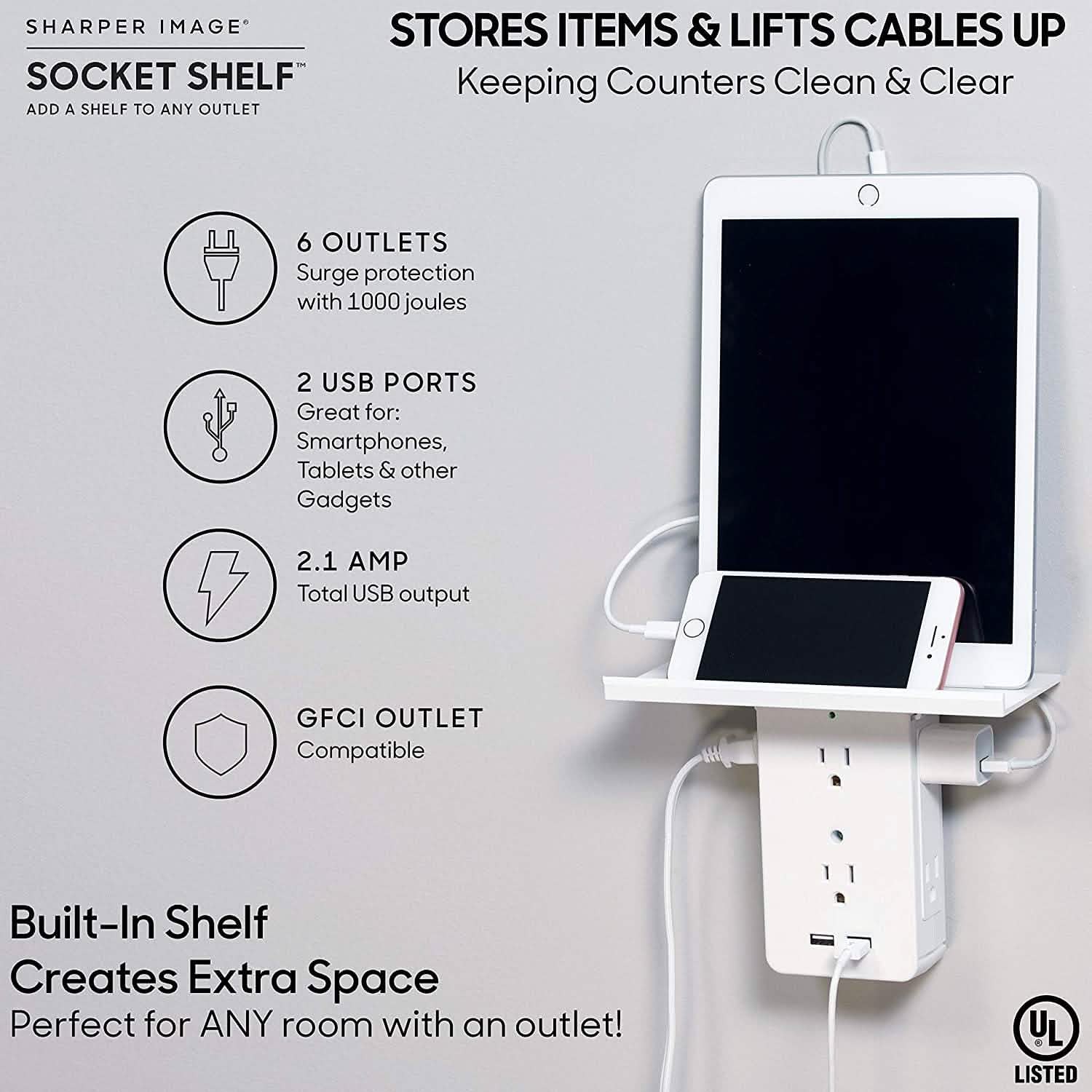 Socket Shelf 8 Port Surge Protector Wall Outlet, 6 Electrical Outlet Extenders, 2 USB Charging Ports
