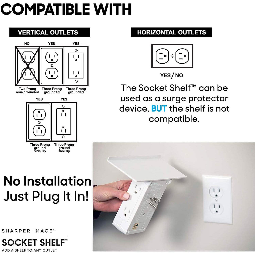 Socket Shelf 8 Port Surge Protector Wall Outlet, 6 Electrical Outlet Extenders, 2 USB Charging Ports