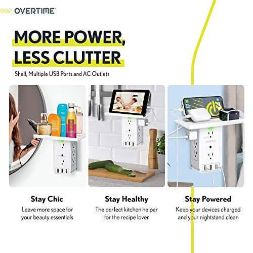 Universal Wall Charger and Outlet Shelf, 6x Outlet Extender, Surge Protector, 3x USB Port