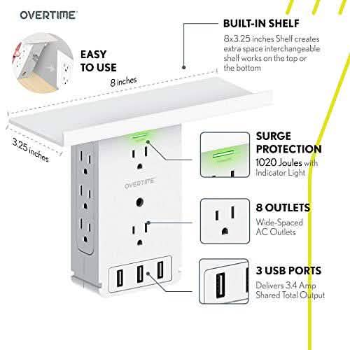 Universal Wall Charger and Outlet Shelf, 6x Outlet Extender, Surge Protector, 3x USB Port