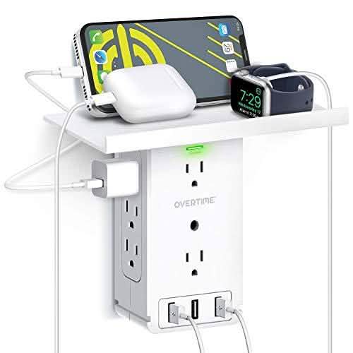 Universal Wall Charger and Outlet Shelf, 6x Outlet Extender, Surge Protector, 3x USB Port