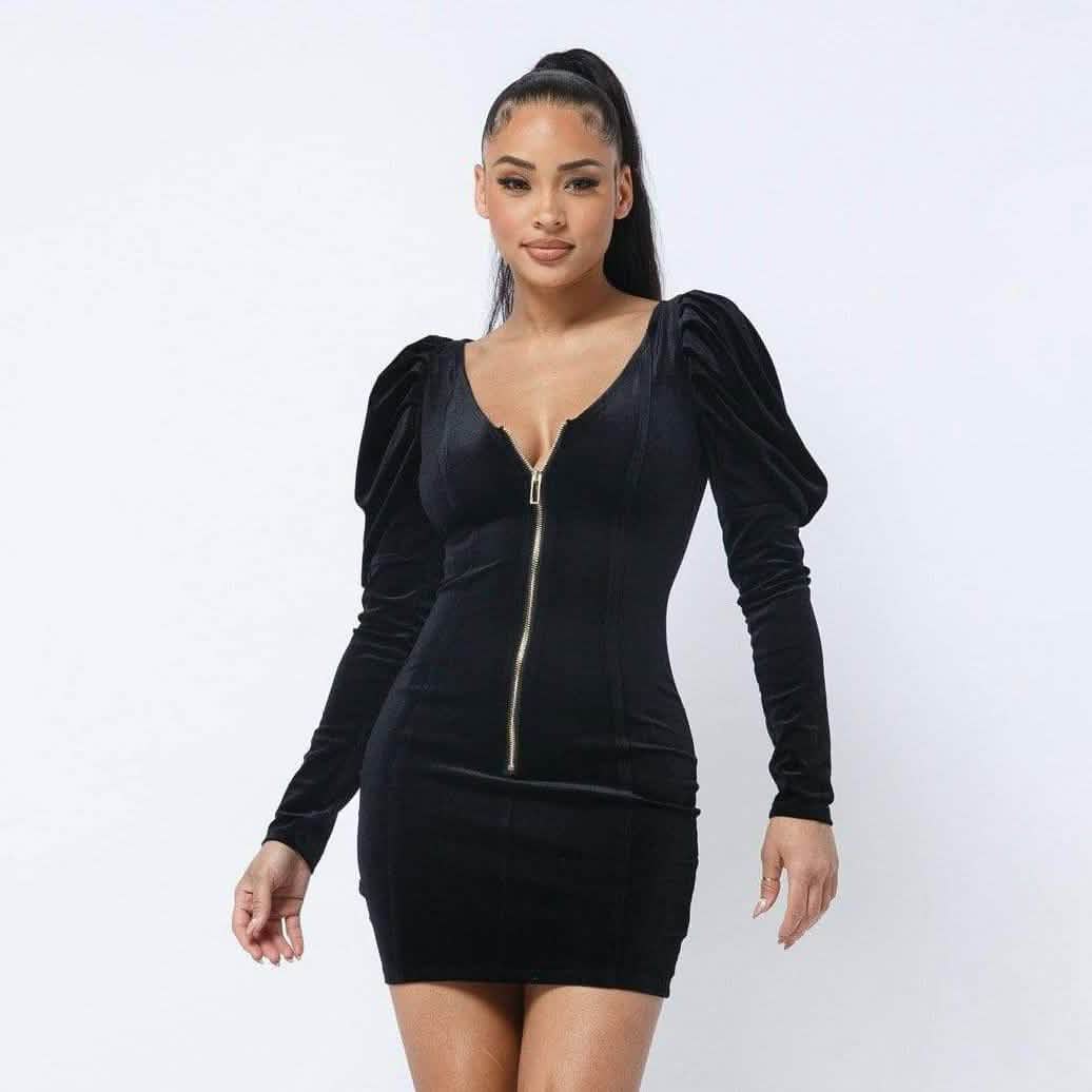 Soft Velvet Pleated Puff Sleeve Mini Dress