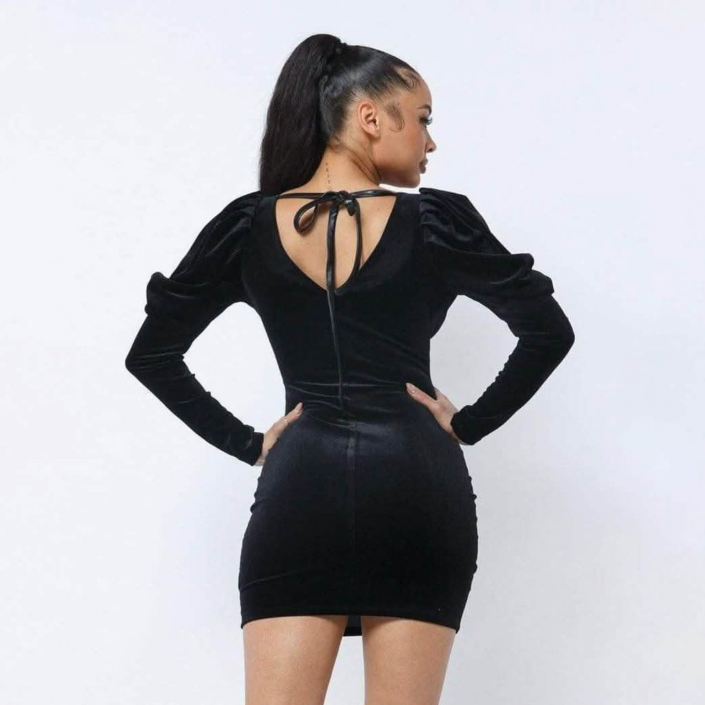 Soft Velvet Pleated Puff Sleeve Mini Dress