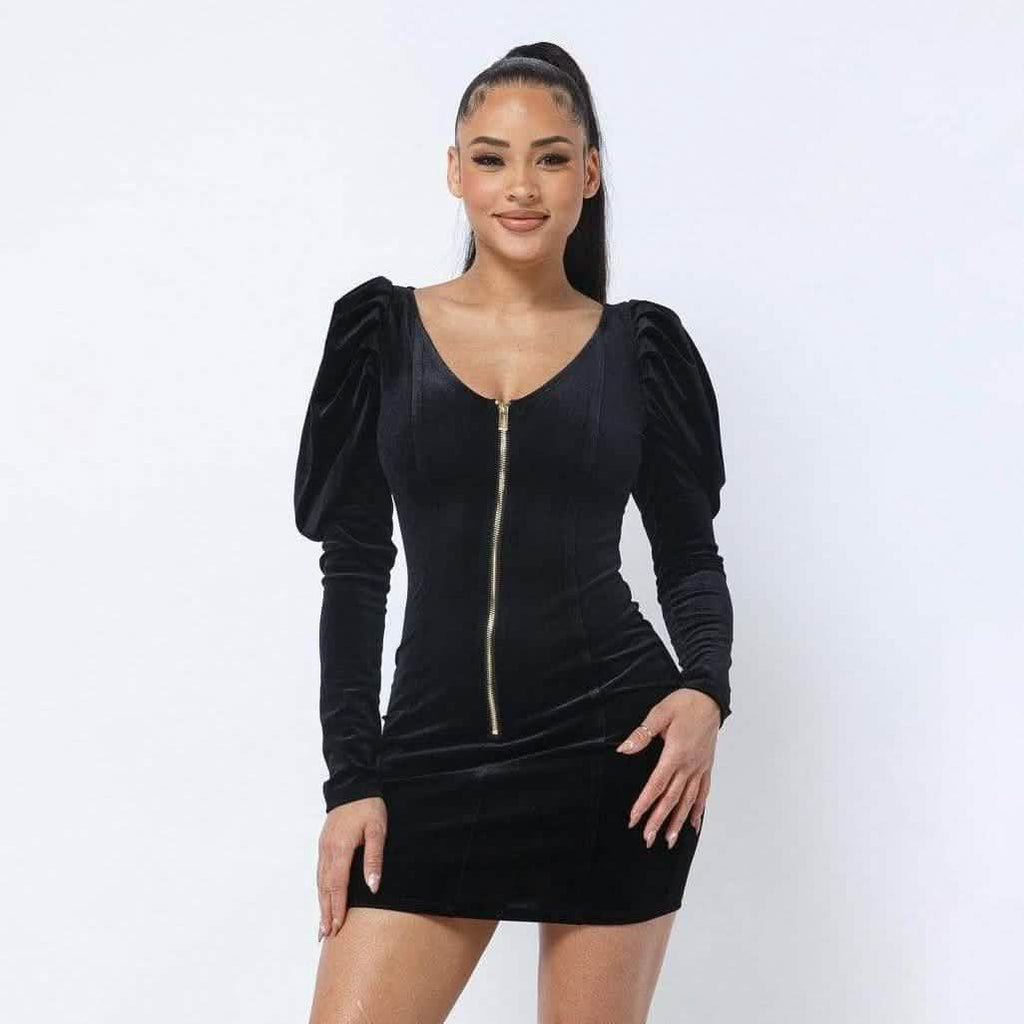 Soft Velvet Pleated Puff Sleeve Mini Dress