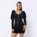 Soft Velvet Pleated Puff Sleeve Mini Dress