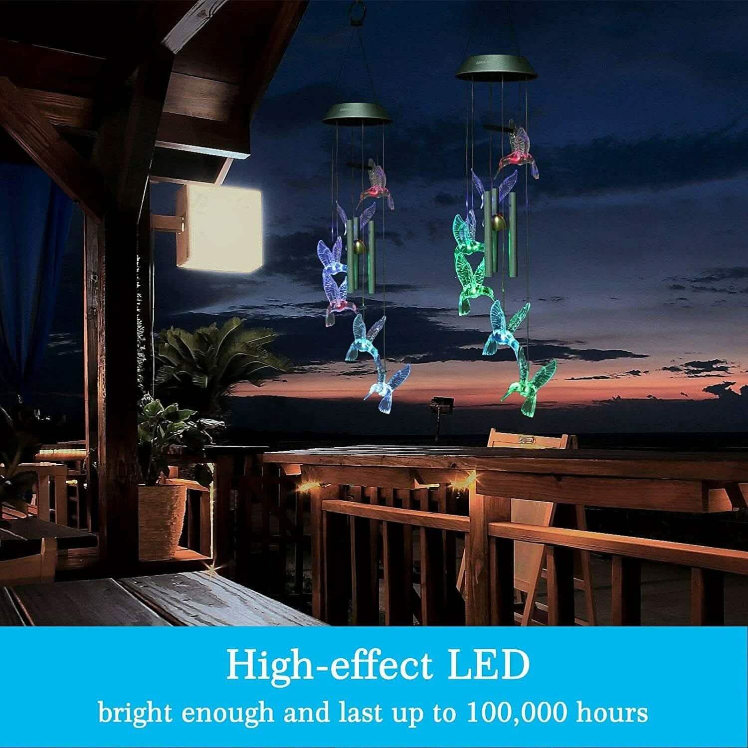 Solar Color Changing LED Hummingbird Wind Chimes Light Tubes Bells Lamp Outdoor