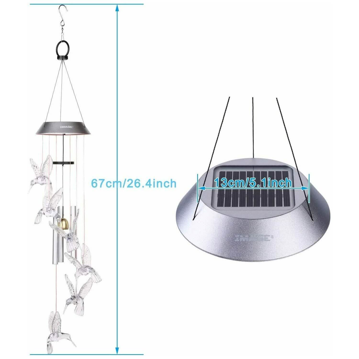 Solar Color Changing LED Hummingbird Wind Chimes Light Tubes Bells Lamp Outdoor