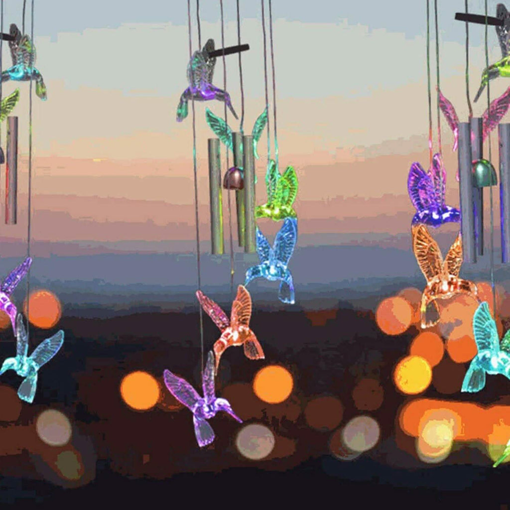 Solar Color Changing LED Hummingbird Wind Chimes Light Tubes Bells Lamp Outdoor