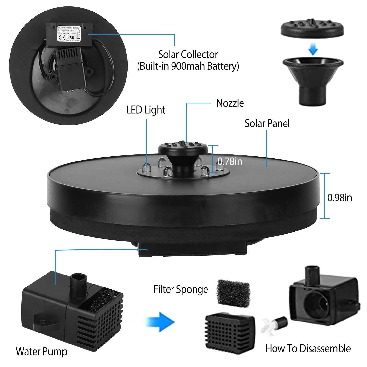 Solar Powered Fountain Pump Floating Bird Bath Pond Pump