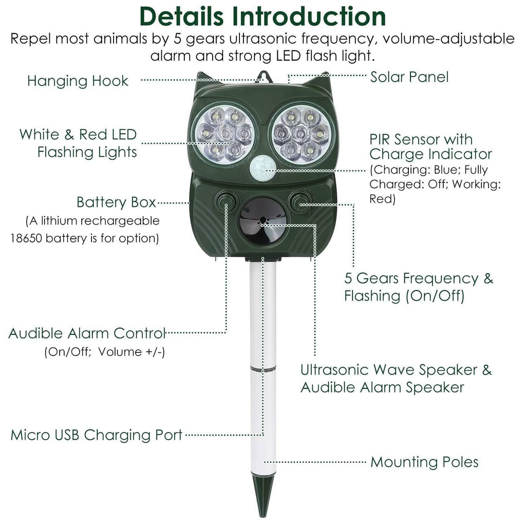 Solar Powered Ultrasonic Animal Repeller PIR Motion Sensor