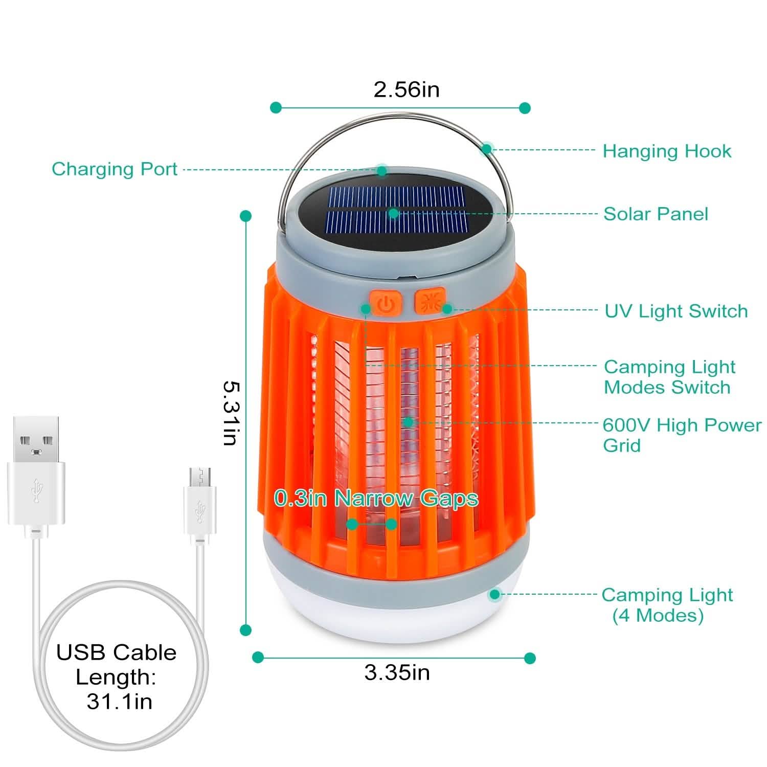 Solar USB Electric Bug Zapper with 5 Light Modes Hanging Hook