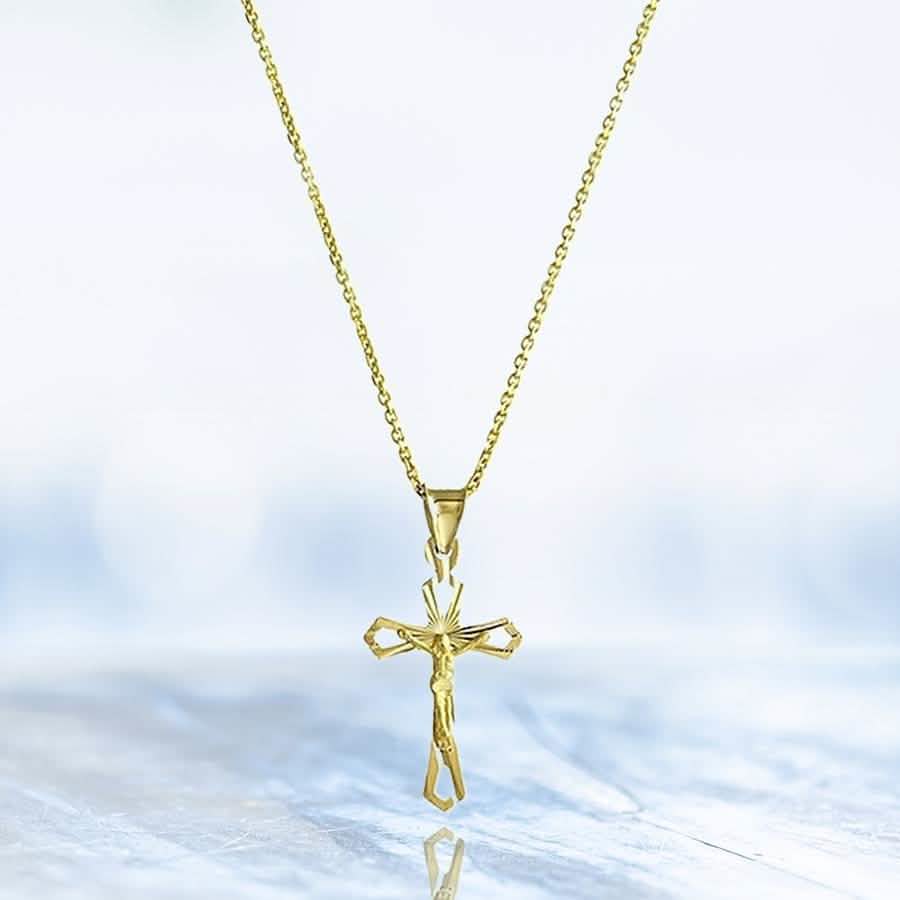 Solid 10K Yellow Gold Diamond Cut Cross Necklace