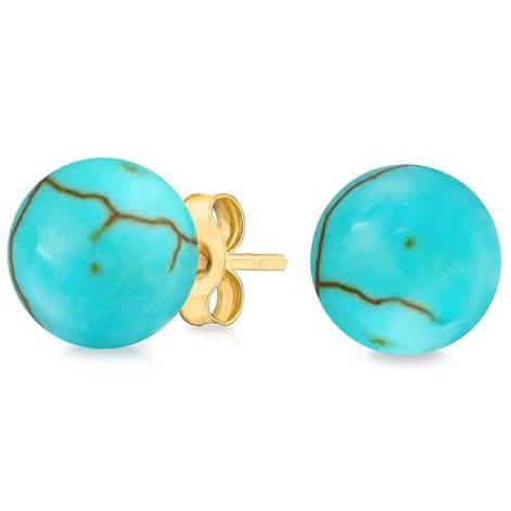Solid 14K Gold Genuine Turquoise Ball Studs Earrings