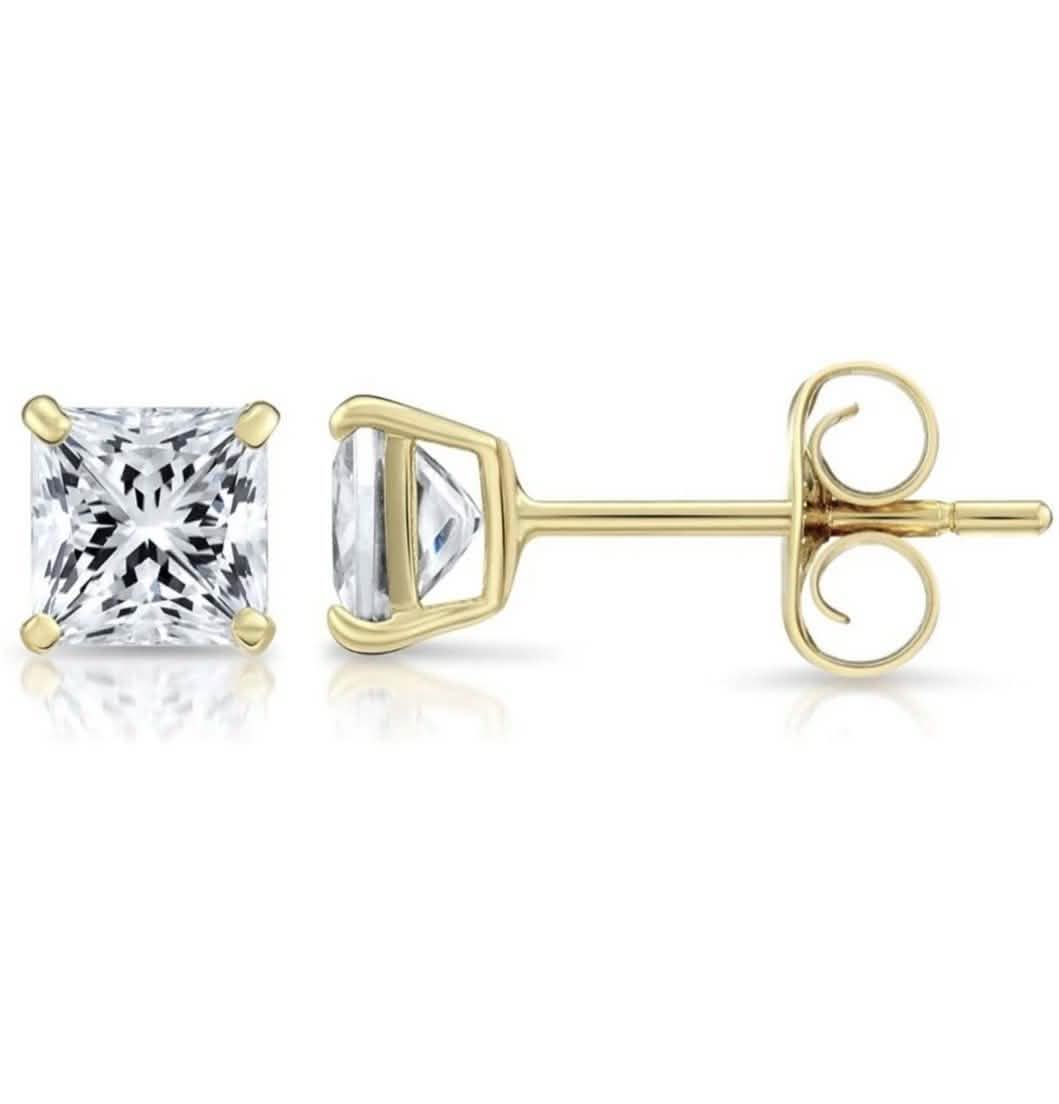 Solid 14K Yellow Gold Large 8mm Square Cut Crystal Studs