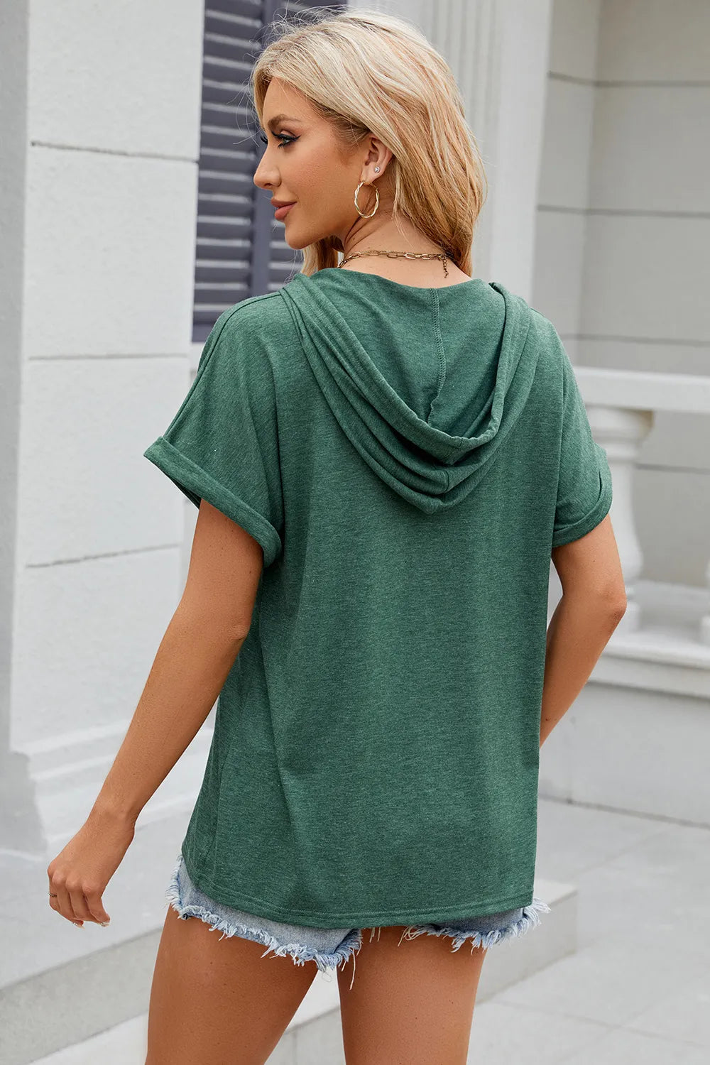 Solid color hooded button loose short sleeved T-shirt top for women