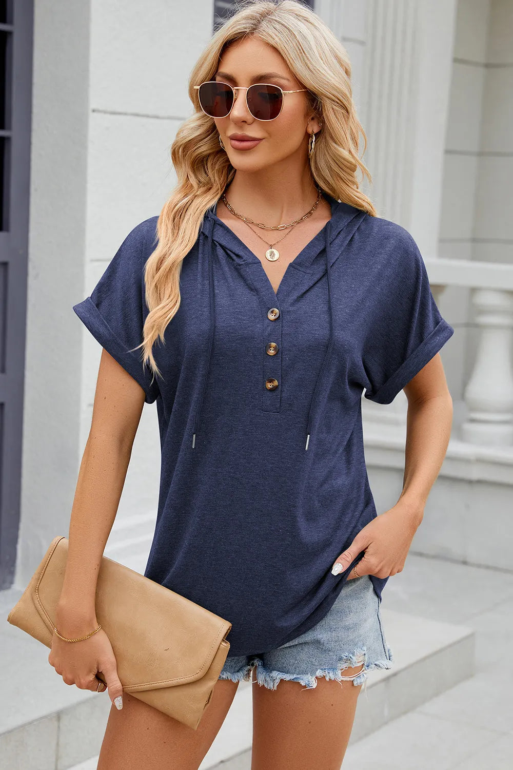 Solid color hooded button loose short sleeved T-shirt top for women