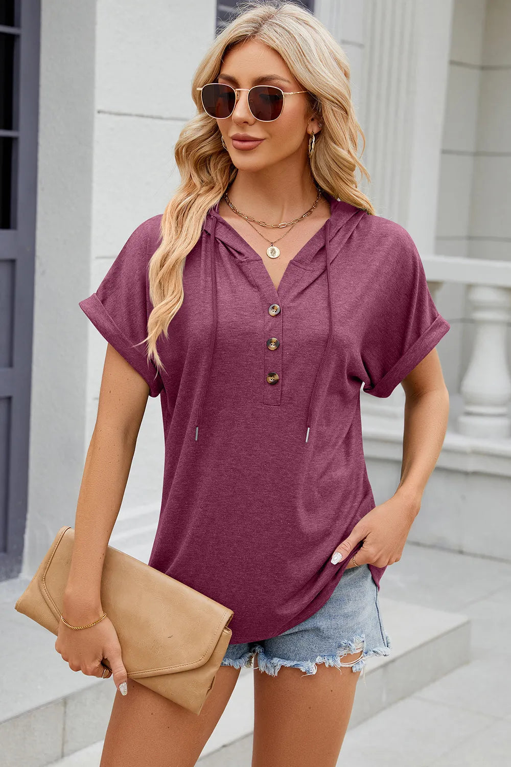Solid color hooded button loose short sleeved T-shirt top for women