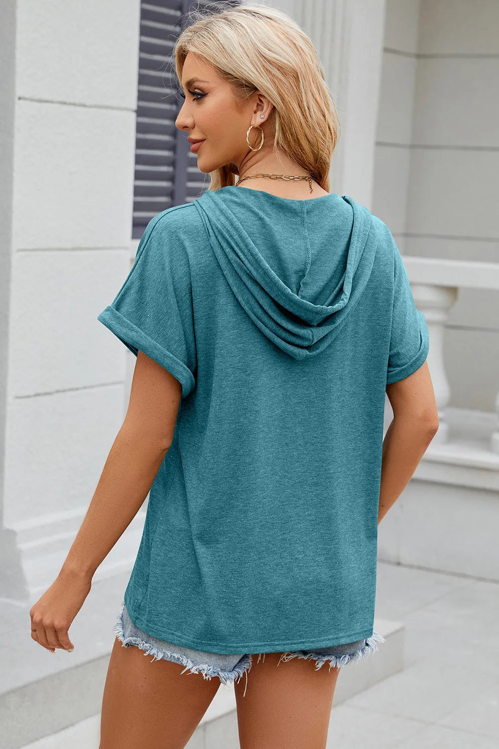 Solid color hooded button loose short sleeved T-shirt top for women