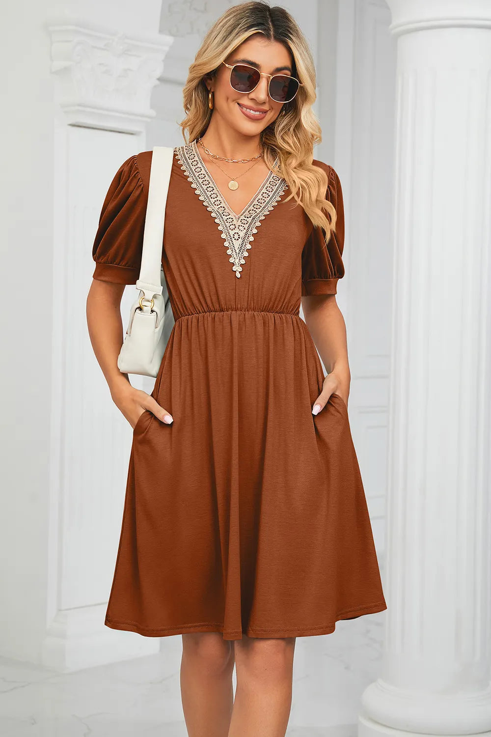 Solid color lace patchwork V-neck short sleeved pocket waist cinching dress