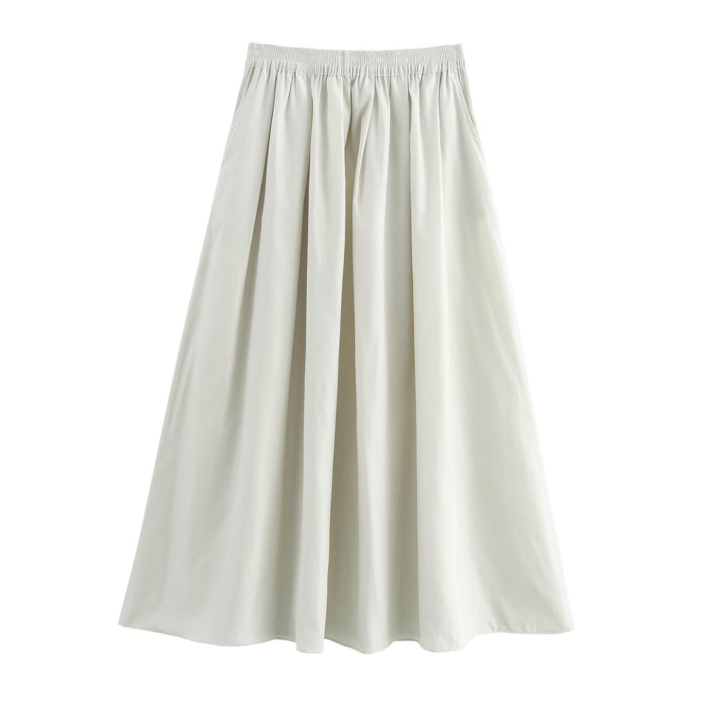 Solid color short shirt wide swing MIDI skirt