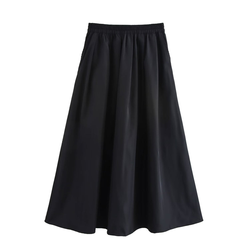 Solid color short shirt wide swing MIDI skirt