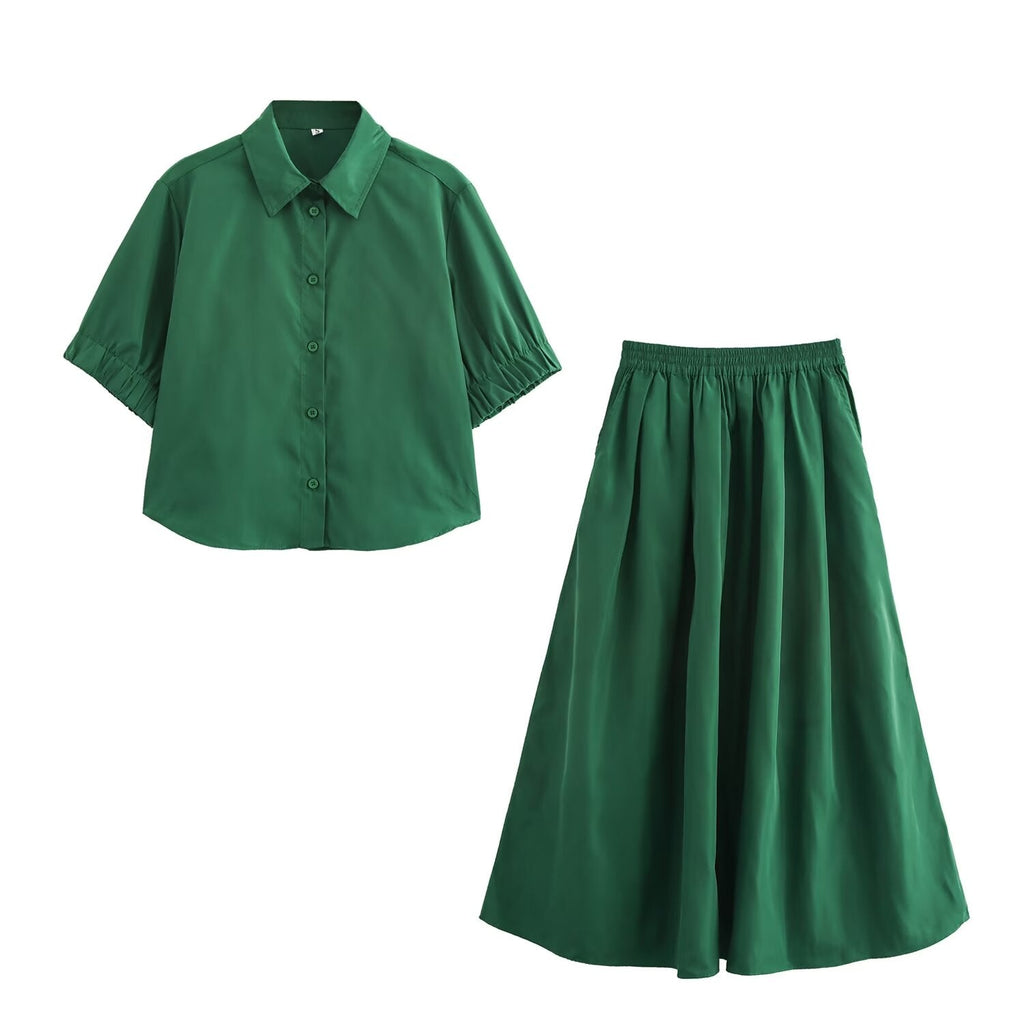 Solid color short shirt wide swing MIDI skirt