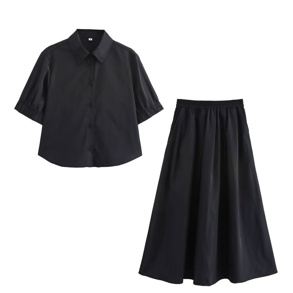 Solid color short shirt wide swing MIDI skirt