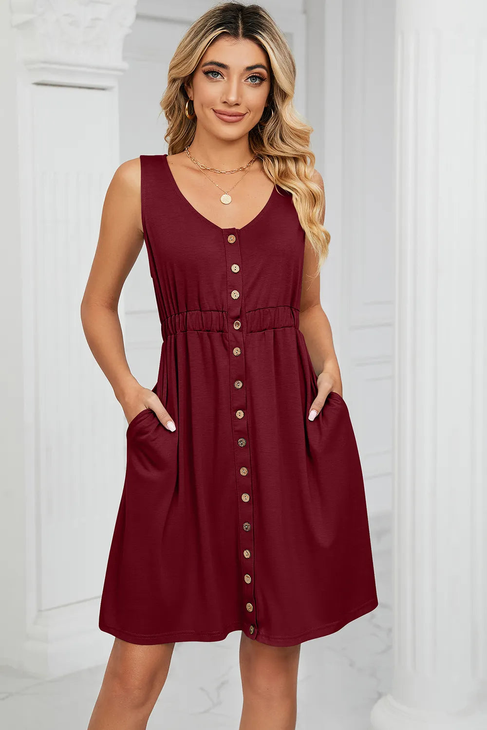 Solid color sleeveless button pocket round neck split waist dress