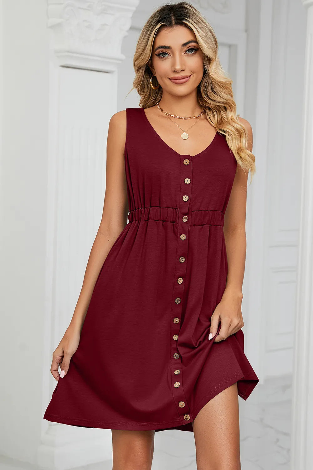 Solid color sleeveless button pocket round neck split waist dress