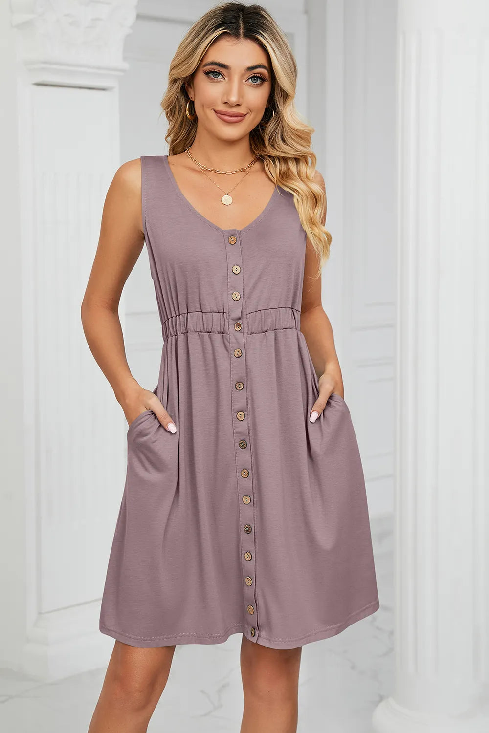 Solid color sleeveless button pocket round neck split waist dress