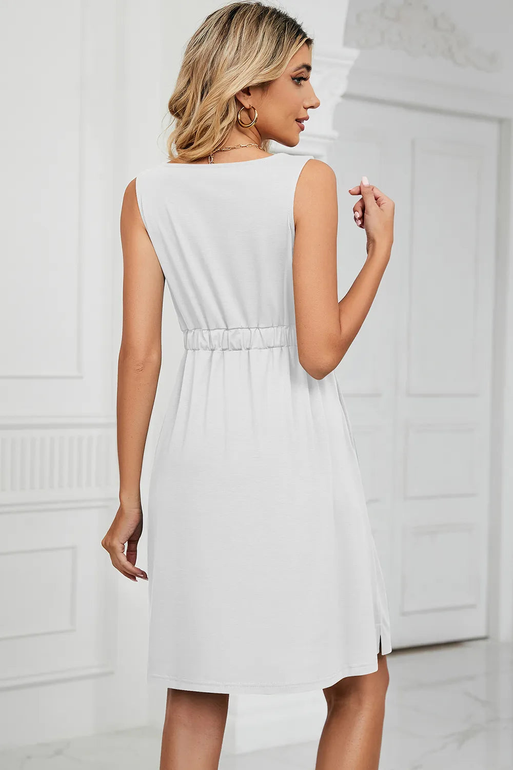 Solid color sleeveless button pocket round neck split waist dress