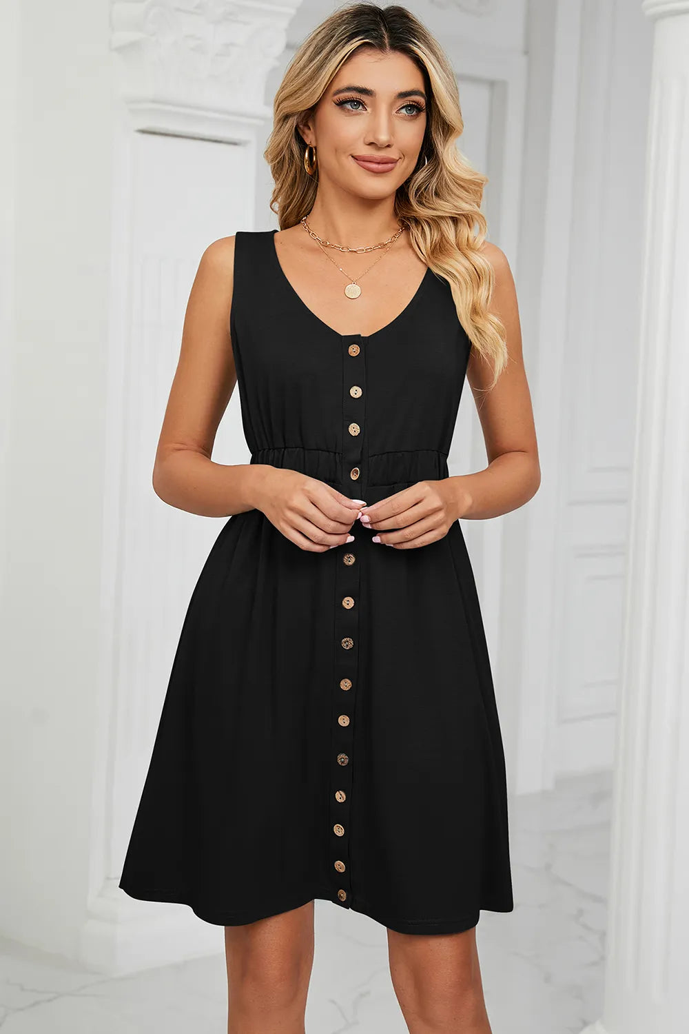 Solid color sleeveless button pocket round neck split waist dress