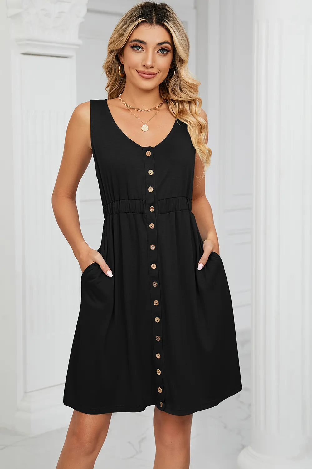 Solid color sleeveless button pocket round neck split waist dress