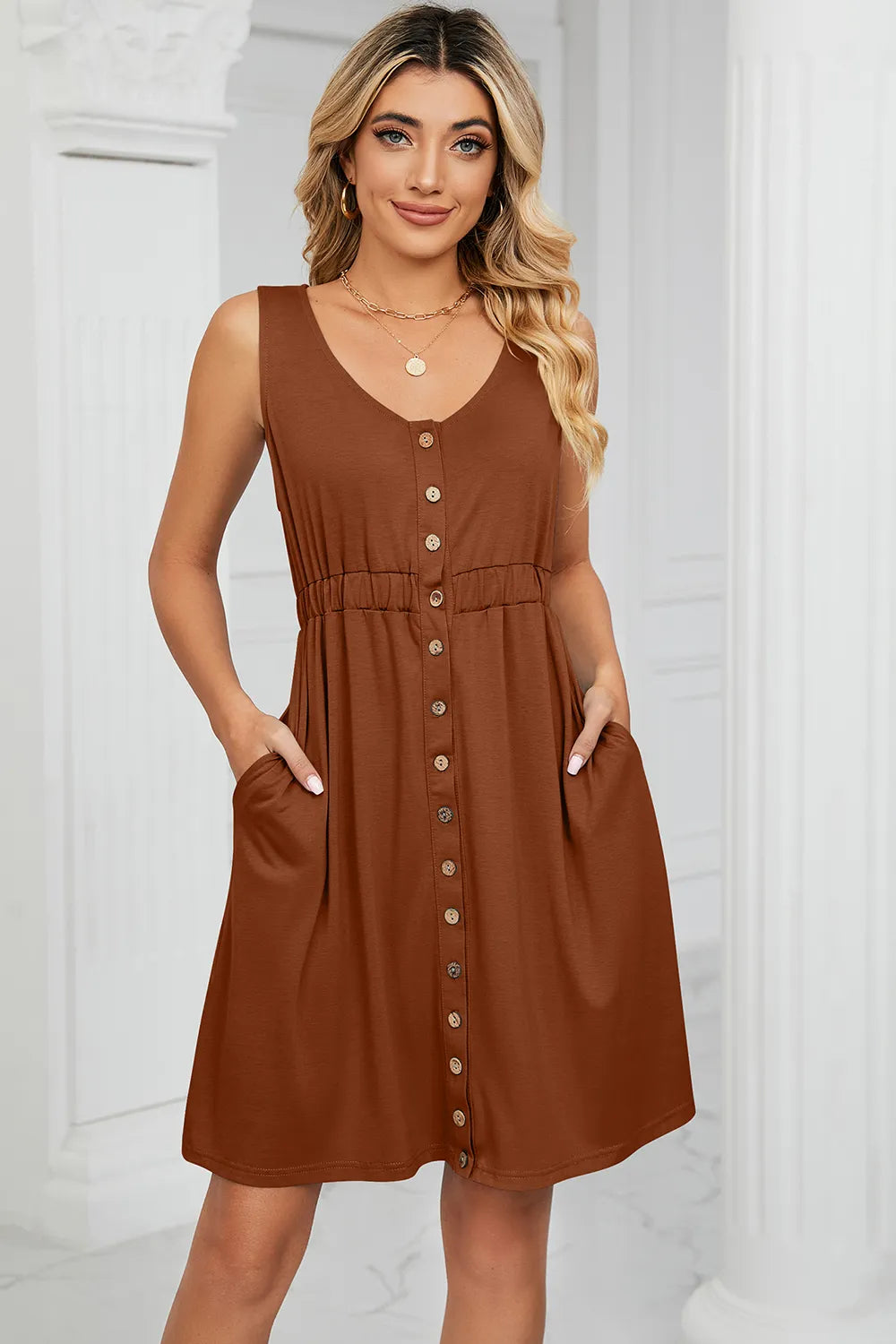 Solid color sleeveless button pocket round neck split waist dress
