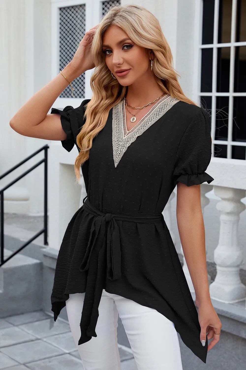 Solid color V-neck lace patchwork loose short sleeved dress
