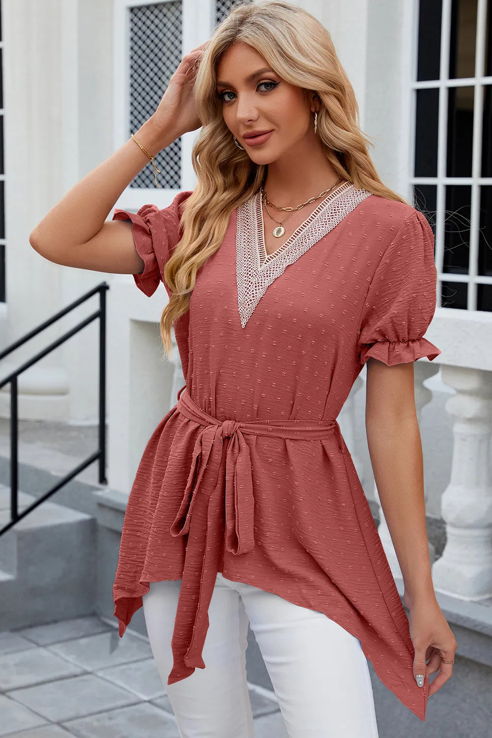 Solid color V-neck lace patchwork loose short sleeved dress