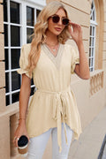Solid color V-neck lace patchwork loose short sleeved dress