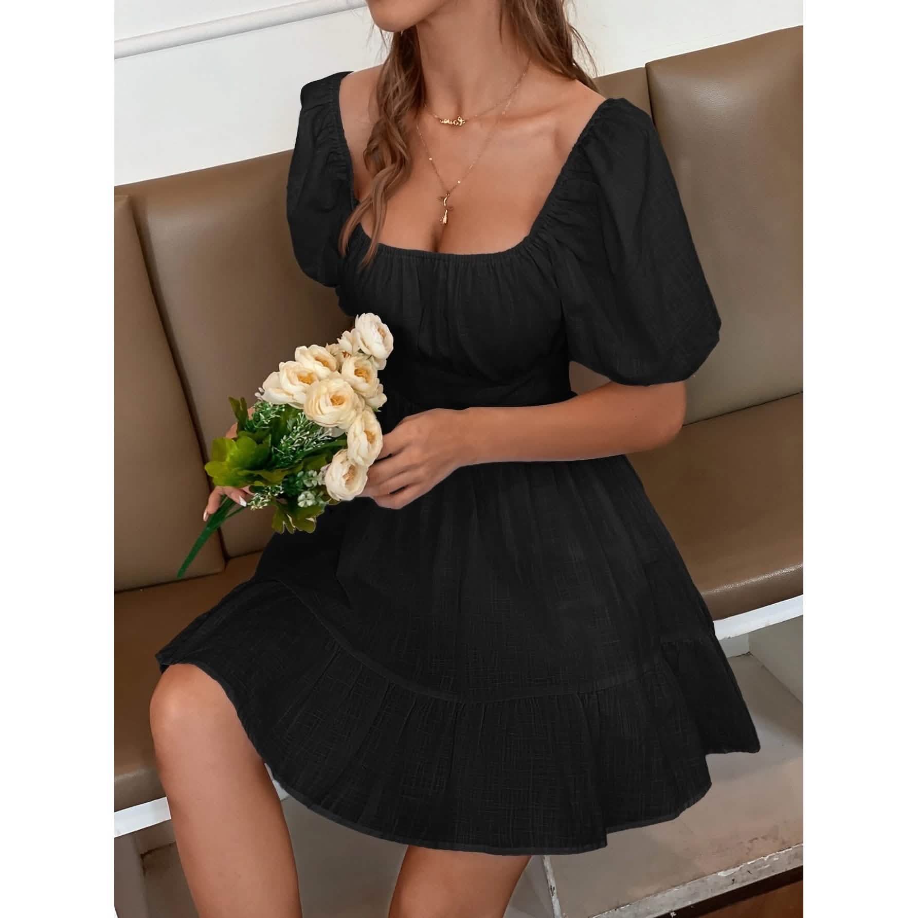 Solid Tie Back Flounce Hem Dress