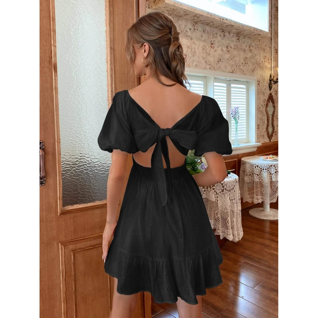 Solid Tie Back Flounce Hem Dress