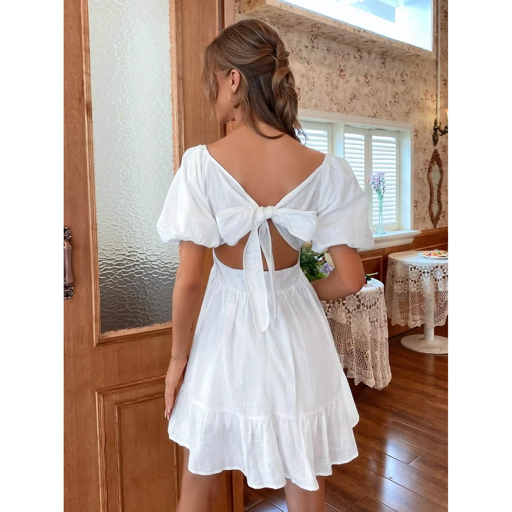Solid Tie Back Flounce Hem Dress