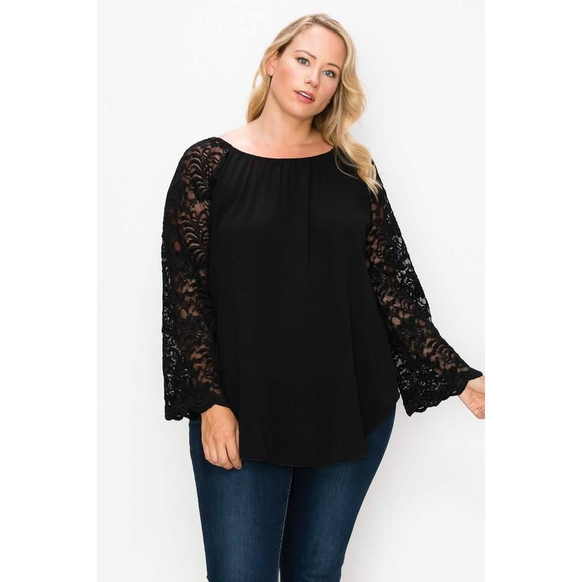 Solid Top Featuring Flattering Lace Bell Sleeves