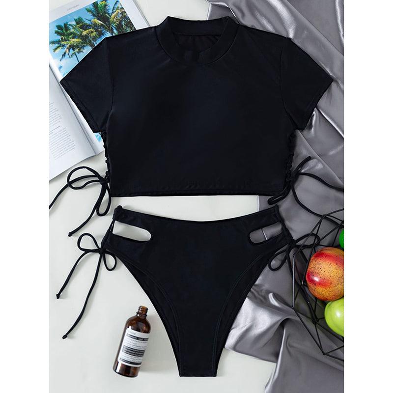 Sport Solid Color Athletic Bikinis Set Women's Two Piece Swimsuits Tie Knot Padded Push Up Modern Bikini Sets Women High Waist Swimsuit Rope Bow Bikini Set With Long Sleeves Bathing Suits