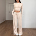 Sports style high elasticity long sleeved wide leg pants set